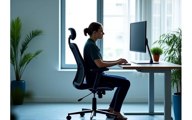 Pessoa usando uma cadeira ergonômica em um escritório moderno
