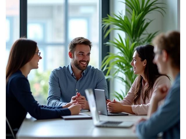 Líder de equipa conduzindo uma reunião de bem-estar com seu time em um espaço de trabalho colaborativo