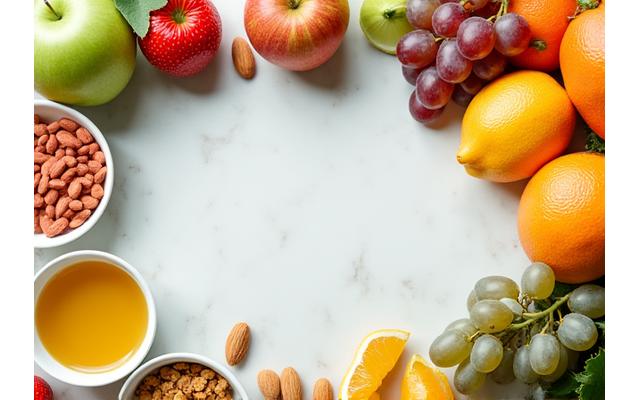 Snacks saudáveis e frutos frescos em uma mesa de escritório
