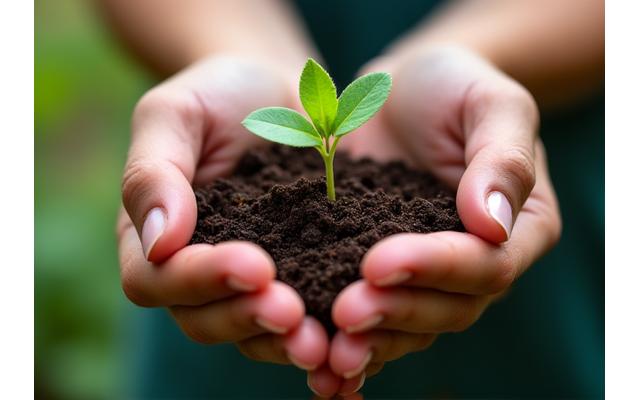 Mãos de uma pessoa segurando uma pequena semente germinando em solo fértil, simbolizando crescimento, cuidado e os resultados de pequenos esforços diários.