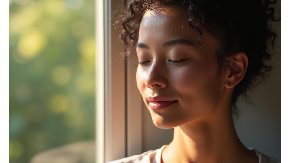 Mulher sorrindo, desfrutando de um momento de paz e bem-estar, com fundo desfocado de natureza para transmitir tranquilidade.