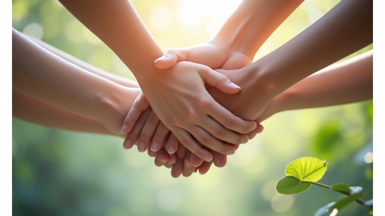 Mãos de várias pessoas apertando as mãos em círculo, simbolizando colaboração e apoio. Foco em detalhes de bem-estar como uma folha verde.
