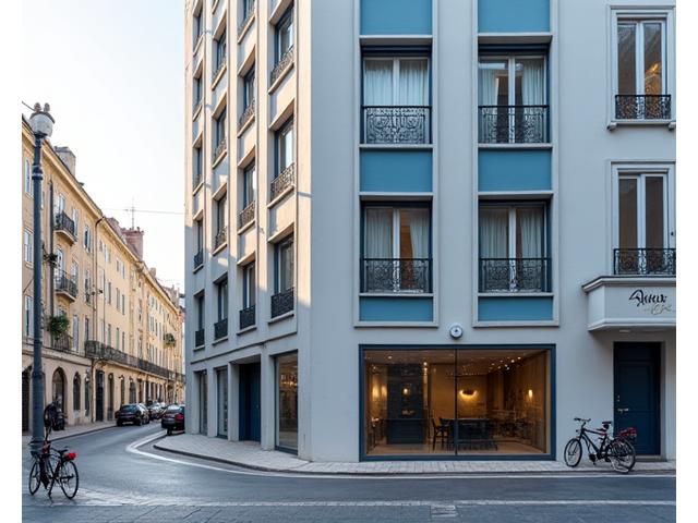 Fachada elegante do edifício da Aura Plena em Lisboa, com uma placa discreta e bicicletas estacionadas, refletindo um ambiente urbano acolhedor.