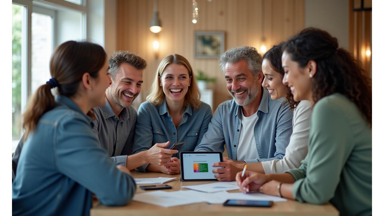 Grupo de pessoas sorrindo e interagindo em um ambiente alegre, simbolizando a comunidade Aura Plena e o compartilhamento de experiências.