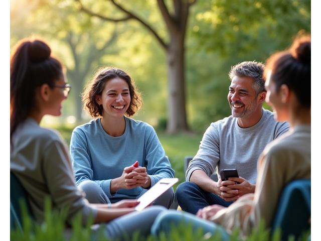 Quatro pessoas de diferentes idades e gêneros, de etnias diversas, interagindo em um círculo, simbolizando colaboração e apoio de grupo, com um fundo desfocado de um parque.