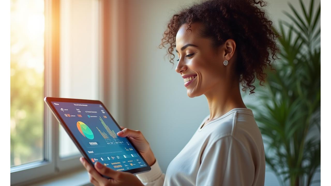 Mulher sorrindo, 40 anos, olhando para um tablet com gráficos de bem-estar digitais em uma paisagem ensolarada, representando bem-estar e tecnologia.