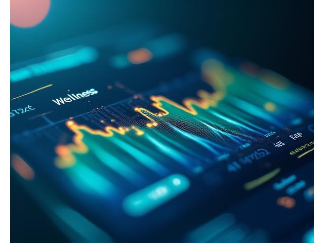 Painel digital interativo mostrando dados de saúde como frequência cardíaca e níveis de hidratação em um fundo de luzes suaves e conexão de rede, representando ferramentas holísticas.