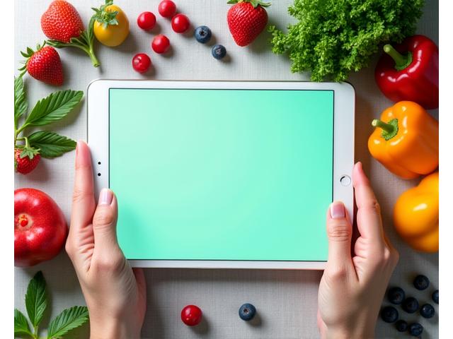 Mão segurando um tablet com um plano de refeições saudáveis, com frutas e vegetais frescos ao fundo.