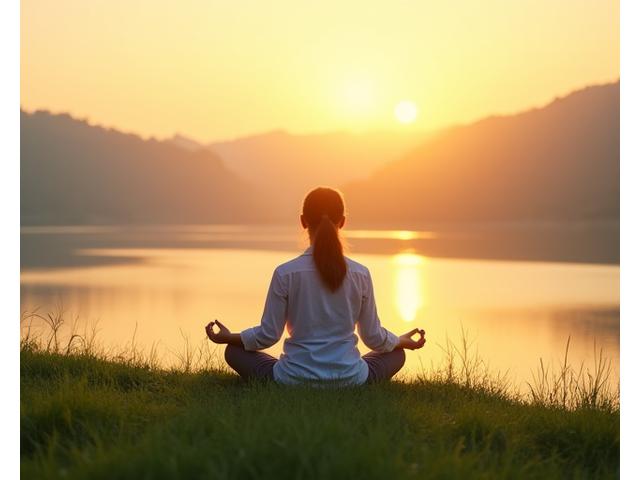 Pessoa meditando em um gramado tranquilo, com o sol se pondo ao fundo, representando calma e saúde mental.