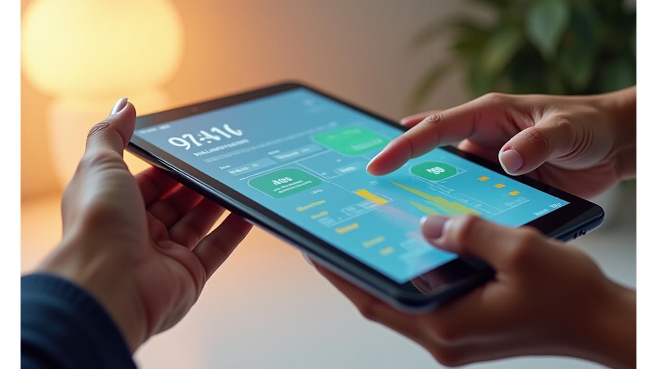 Imagem de uma interface de plataforma de bem-estar digital interativa com gráficos e elementos de saúde.