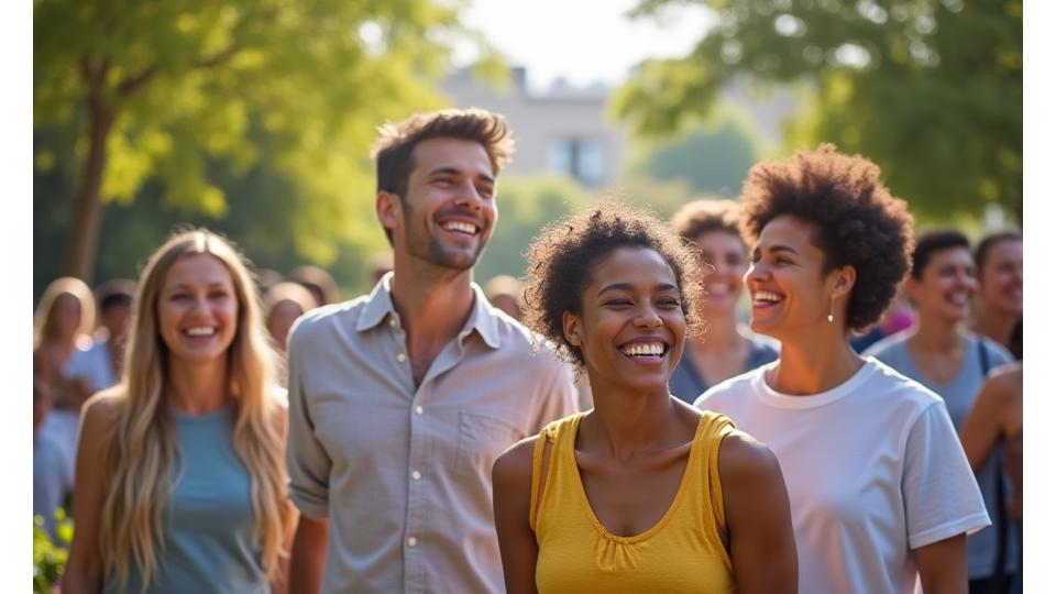 Grupo de pessoas diversas, de diferentes idades e origens, sorrindo e interagindo num ambiente verde e ao ar livre, simbolizando comunidade e impacto social positivo, com o tom da Aura Plena.