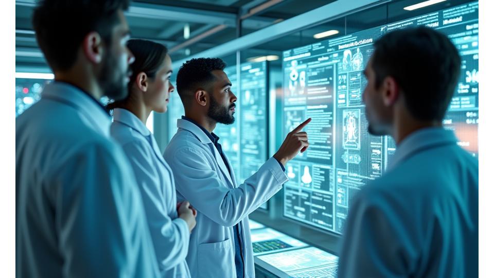 Cientistas e pesquisadores em um laboratório moderno, interagindo com telas de dados e modelos 3D de moléculas, representando inovação e pesquisa em saúde e tecnologia da Aura Plena.