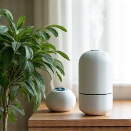 Dispositivos de bem-estar como difusor de aromas e smart lights em um ambiente doméstico tranquilo.