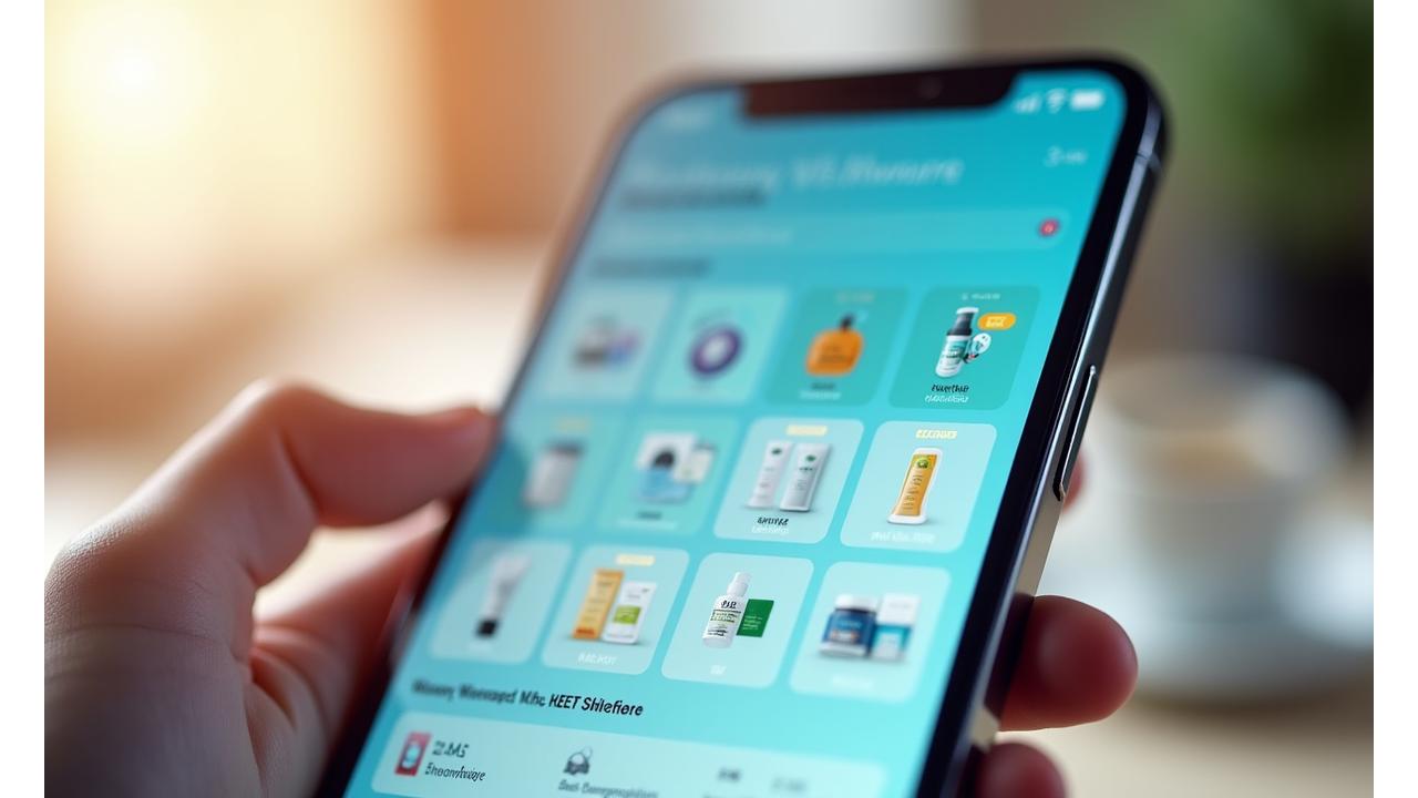 Um smartphone exibindo um painel de recomendações de produtos personalizados com gráficos de bem-estar.