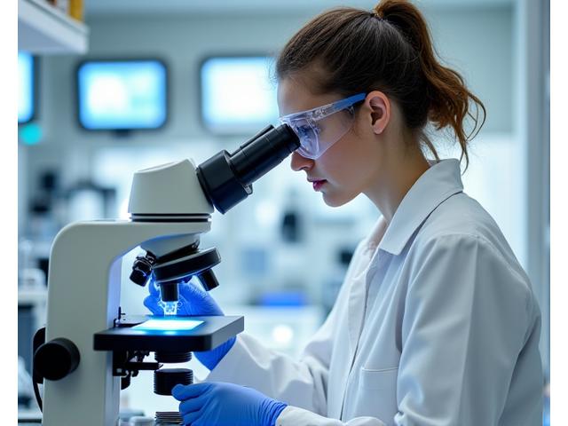 Uma cientista inspecionando amostras em um laboratório moderno, representando o processo de teste de produtos.