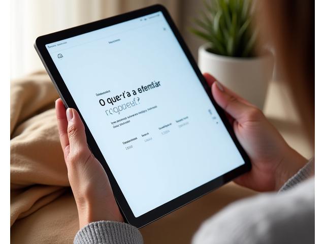 Uma mão segurando um tablet digital exibindo uma aplicação de diário guiado com prompts de auto-reflexão. O plano de fundo é suave, com luz natural.