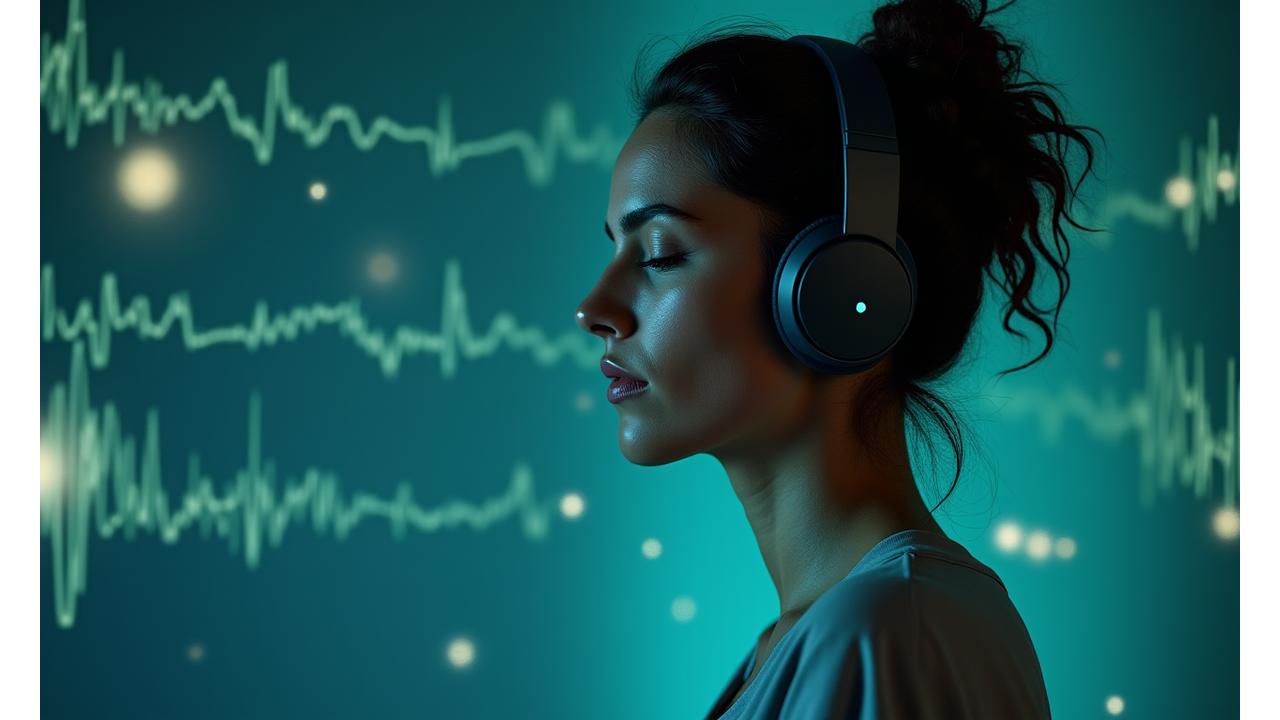 Pessoa serena meditando com fones de ouvido, rodeada por uma interface digital flutuante com ondas cerebrais e gráficos calmantes em tons de azul e verde, representando tecnologia para saúde mental.