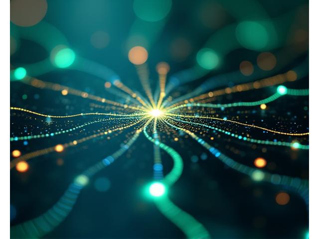Close-up de um chip de computador iluminado por luzes azuis e verdes, com padrões futuristas e linhas de código abstratas projetadas sobre ele, simbolizando inteligência artificial avançada.