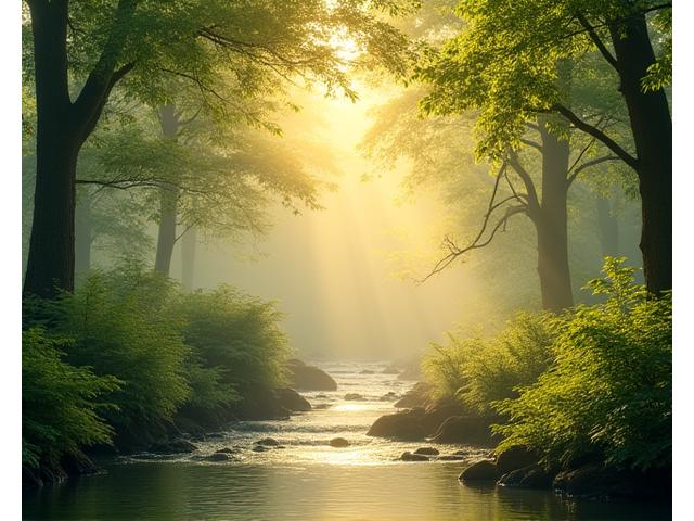 Uma paisagem serena e digitalmente aprimorada de uma floresta exuberante com cachoeiras suaves e luz do sol filtrando através das folhas, criando uma atmosfera calma e imersiva para meditação.