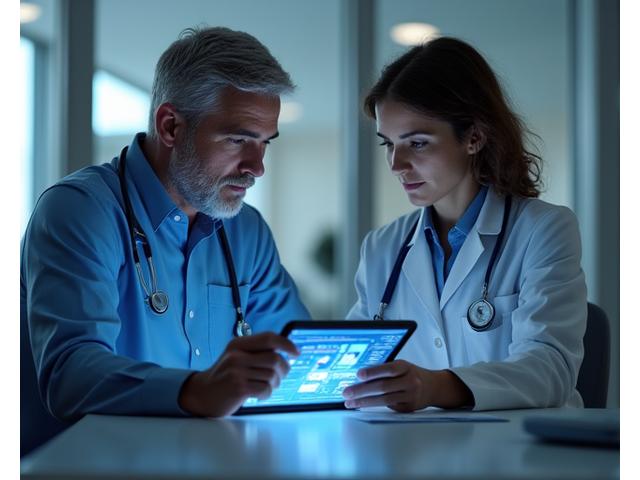 Dois profissionais de saúde sentados a uma mesa a discutir dados num tablet seguro, com gráficos e informações de pacientes. A atmosfera é de confiança e colaboração, com a luz suave a realçar a tecnologia envolvida.