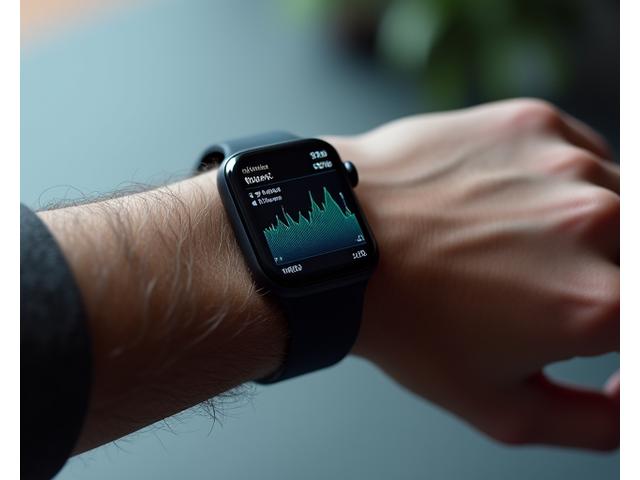 Close-up de um pulso usando um smartwatch que exibe gráficos de variabilidade da frequência cardíaca e níveis de stress em tempo real. Luzes suaves e azuladas emanam do dispositivo, contrastando com um fundo desfocado e calmo.